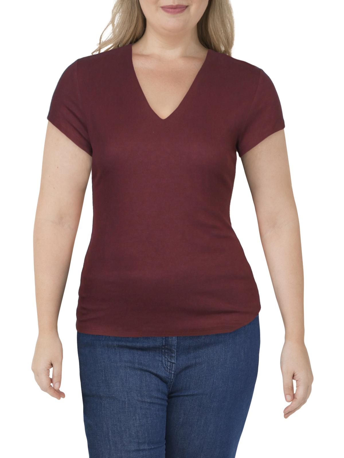 INC Women's  Short Sleeve Ribbed V-Neck Top  Red Size XL