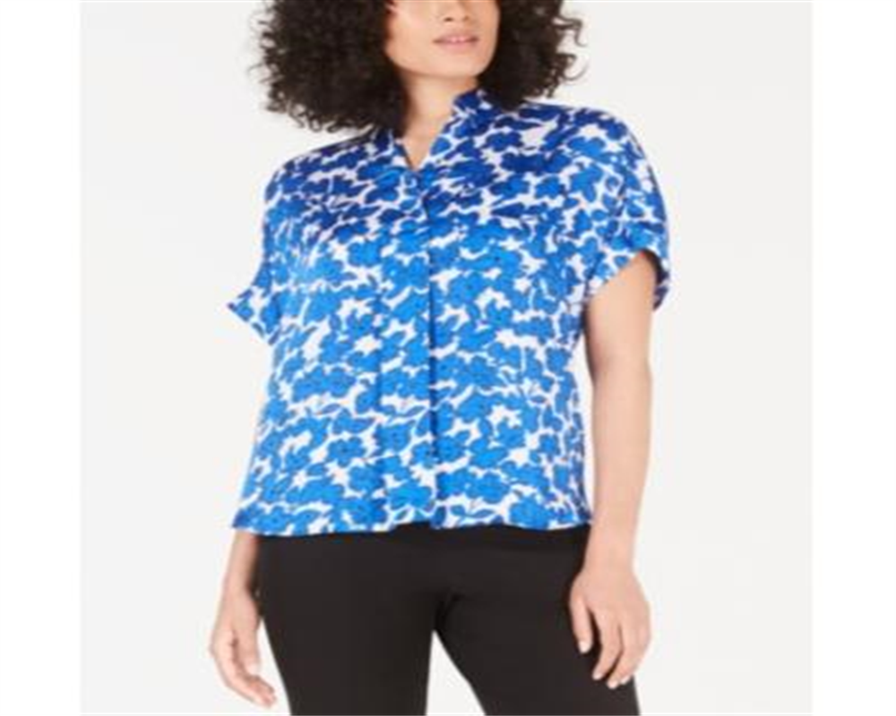 Alfani Women's Printed Short Sleeve Blouse Blue Size Petite Large