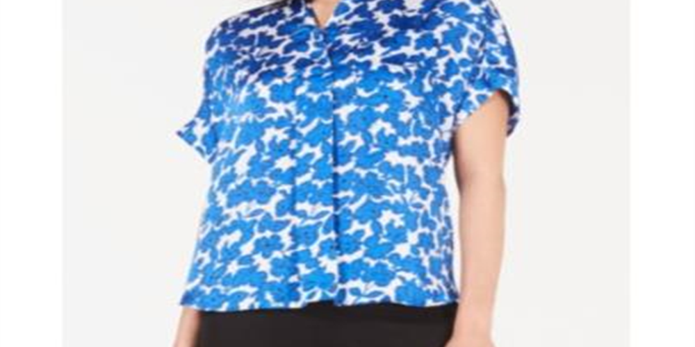Alfani Women's Printed Short Sleeve Blouse Blue Size Petite Large
