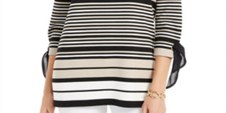 Charter Club Women's Striped Tie Sleeve Top Black Size Petite S