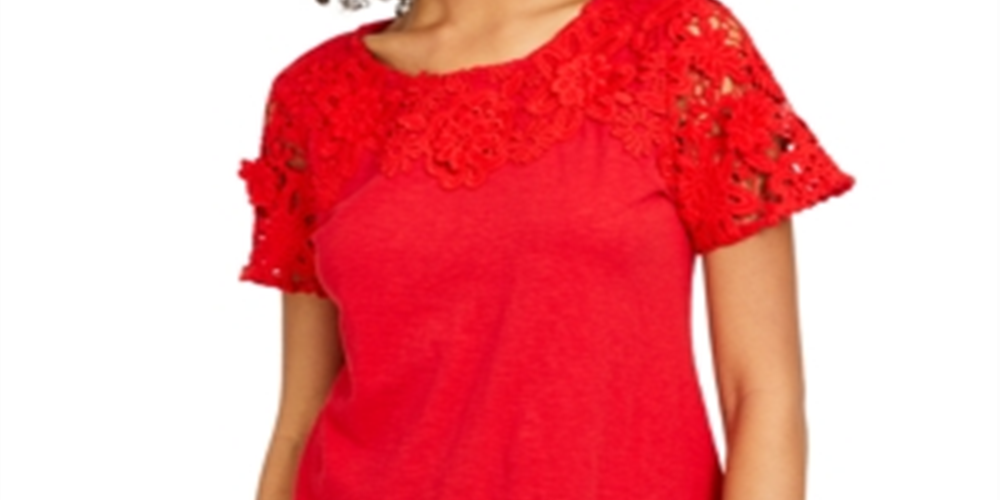 Charter Club Women's Cotton Lace Embellished T-Shirt Red Size Large