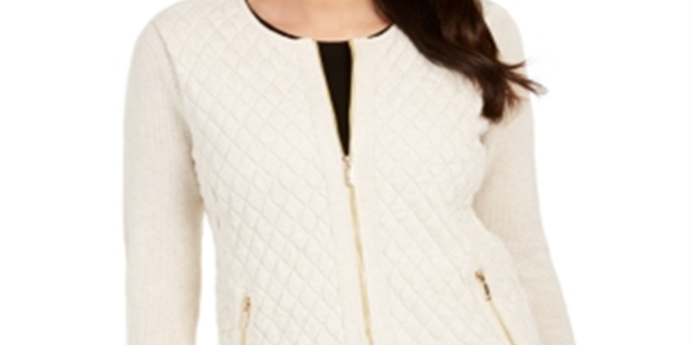 Charter Club Women's Zip Front Quilted Sweater White Size Petite XL