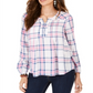 Style & Co Women's  Plaid Split-Neck Top White Multi Size M
