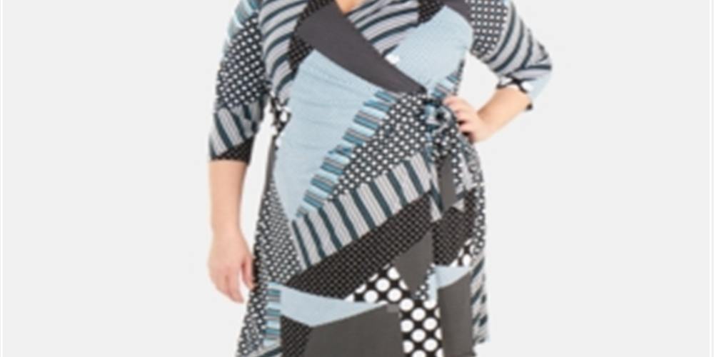 NY Collection Women's Patchwork Tie Front Wrap Dress Black Size 3X