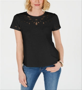Charter Club Women's Cutout Cotton T-Shirt Black Size X-Large