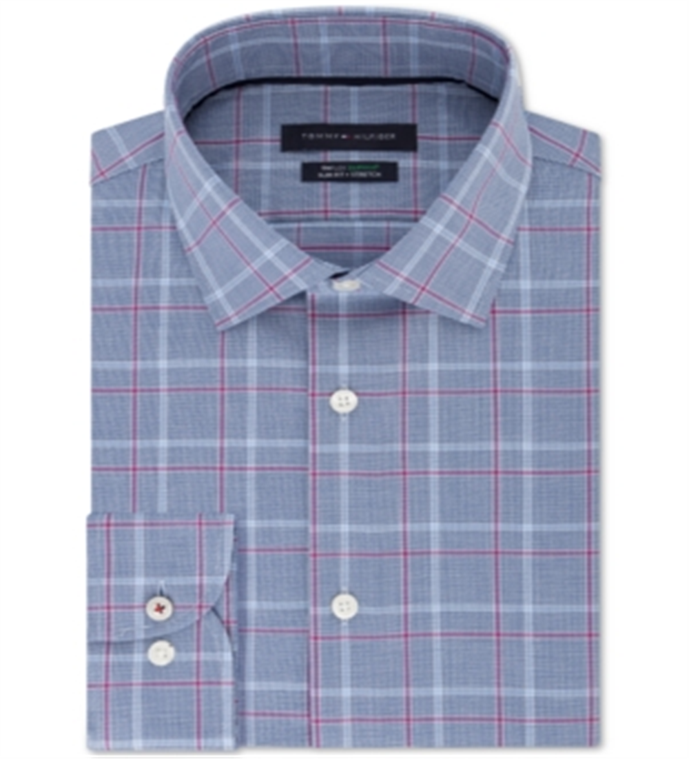 Tommy Hilfiger Men's Slim-Fit Performance Stretch Check Dress Shirt Blue Size 16X32-33