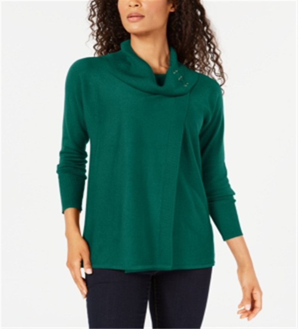 JM Collection Women's  Faux-Wrap Cowl-Neck Sweater Green Size M