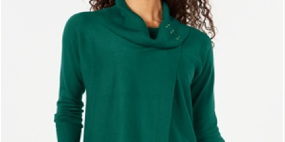 JM Collection Women's  Faux-Wrap Cowl-Neck Sweater Green Size M