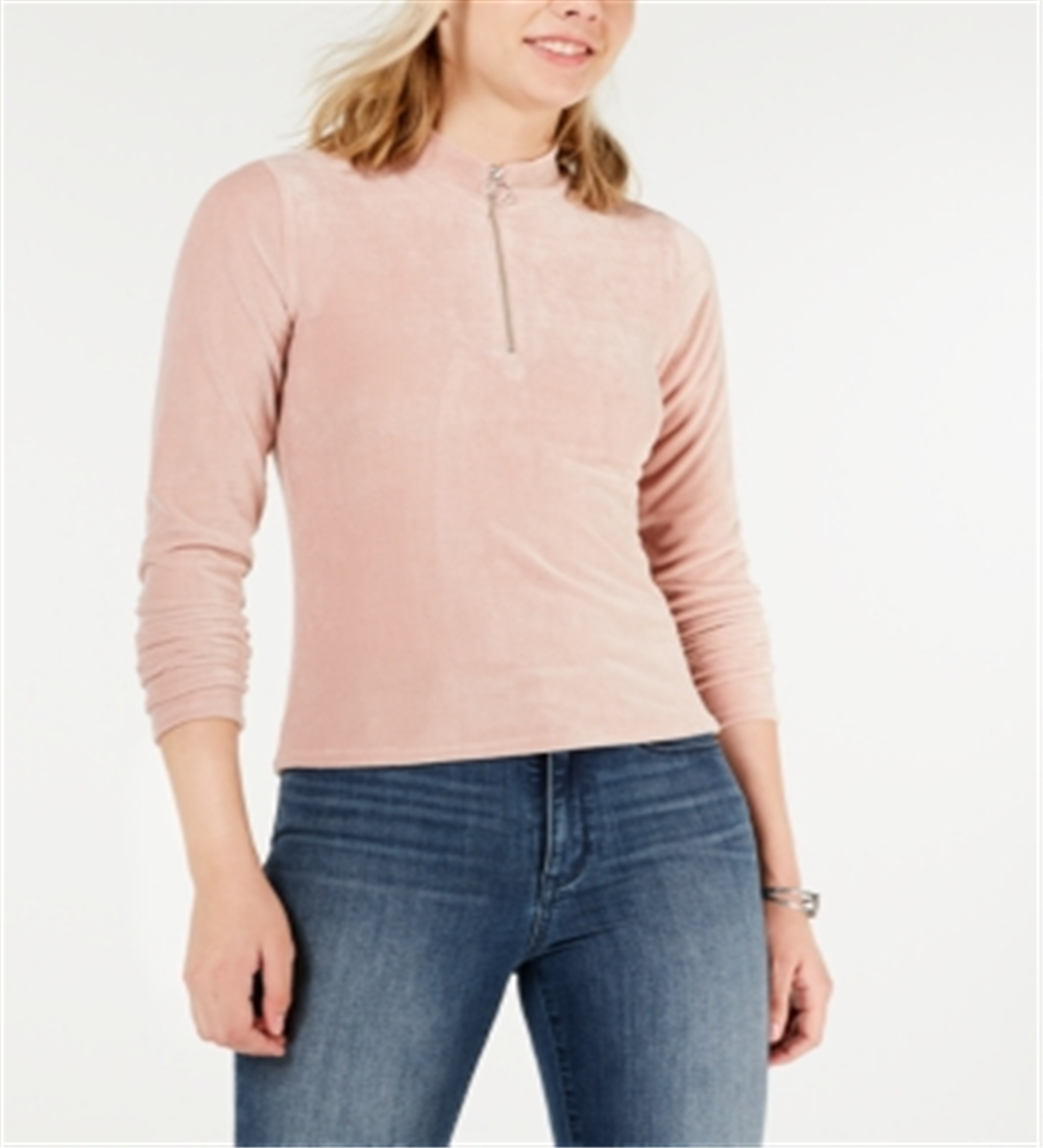 Crave Fame Junior's Corduroy Mock Neck Zip up Top -Blush Size M