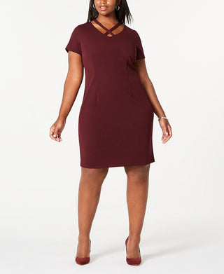 Connected Women's Plus Crisscross Sheath Dress Burgandy Size -16 W