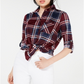Polly & Esther Juniors' Plaid Roll-Tab Shirt Red Size Large