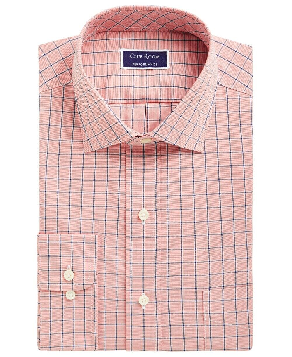 Club Room Men's Classic/Regular Fit Performance Windowpane Dress Shirt Orange Size 34-35