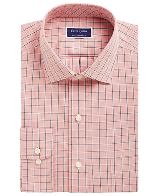 Club Room Men's Classic/Regular Fit Performance Windowpane Dress Shirt Orange Size 34-35