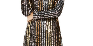 Vince Camuto Women's Sequined Striped Long Sleeve Jewel Neck Short Sheath Cocktail Dress Yellow Size 10