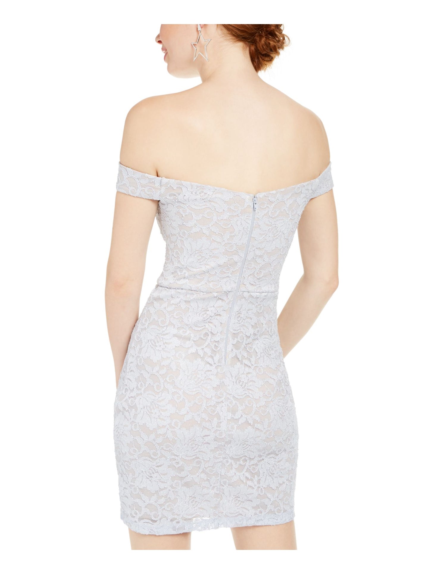 Sequin Hearts Women's Embellished Lace Floral Off Shoulder Short Cocktail Sheath Dress Silver Size 11