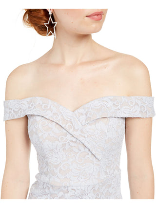 Sequin Hearts Women's Embellished Lace Floral Off Shoulder Short Cocktail Sheath Dress Silver Size 11