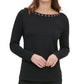 Calvin Klein Women's Eyelet Long Sleeve Jewel Neck Top Black Size X-Small