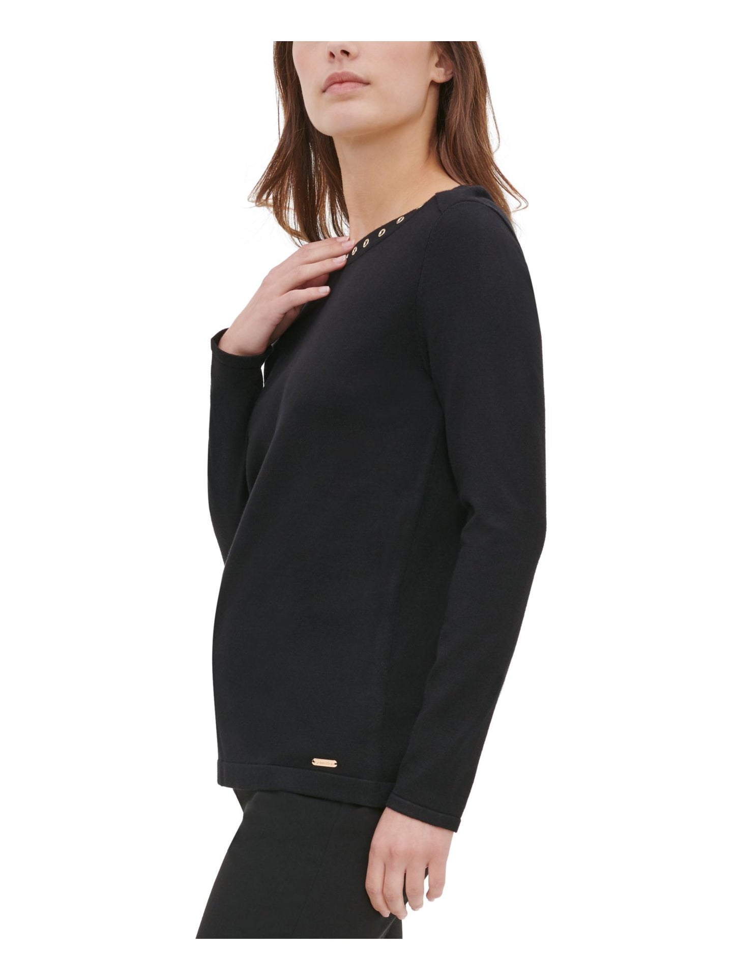 Calvin Klein Women's Eyelet Long Sleeve Jewel Neck Top Black Size X-Small