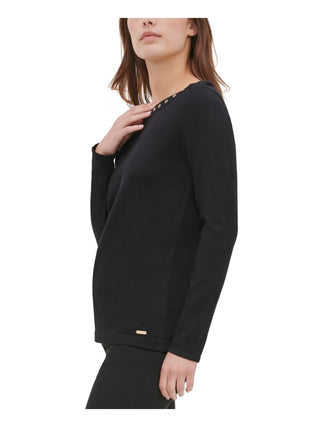 Calvin Klein Women's Eyelet Long Sleeve Jewel Neck Top Black Size X-Small
