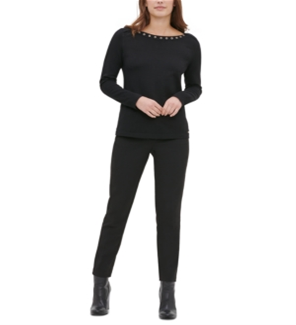 Calvin Klein Women's Eyelet Long Sleeve Jewel Neck Top Black Size X-Small