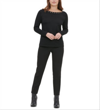 Calvin Klein Women's Eyelet Long Sleeve Jewel Neck Top Black Size X-Small