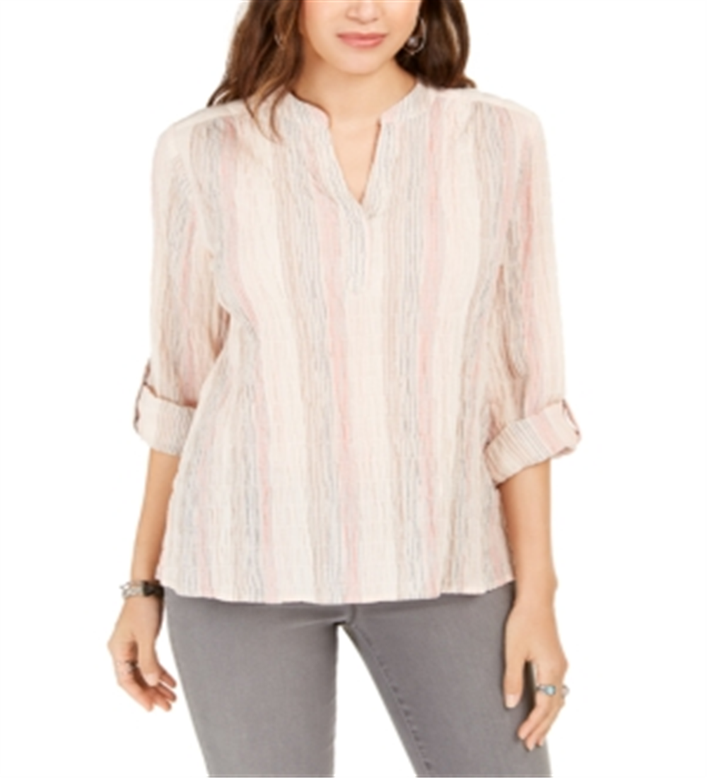 Style & Co Women's Striped Split Neck Top Pink Size X-Small