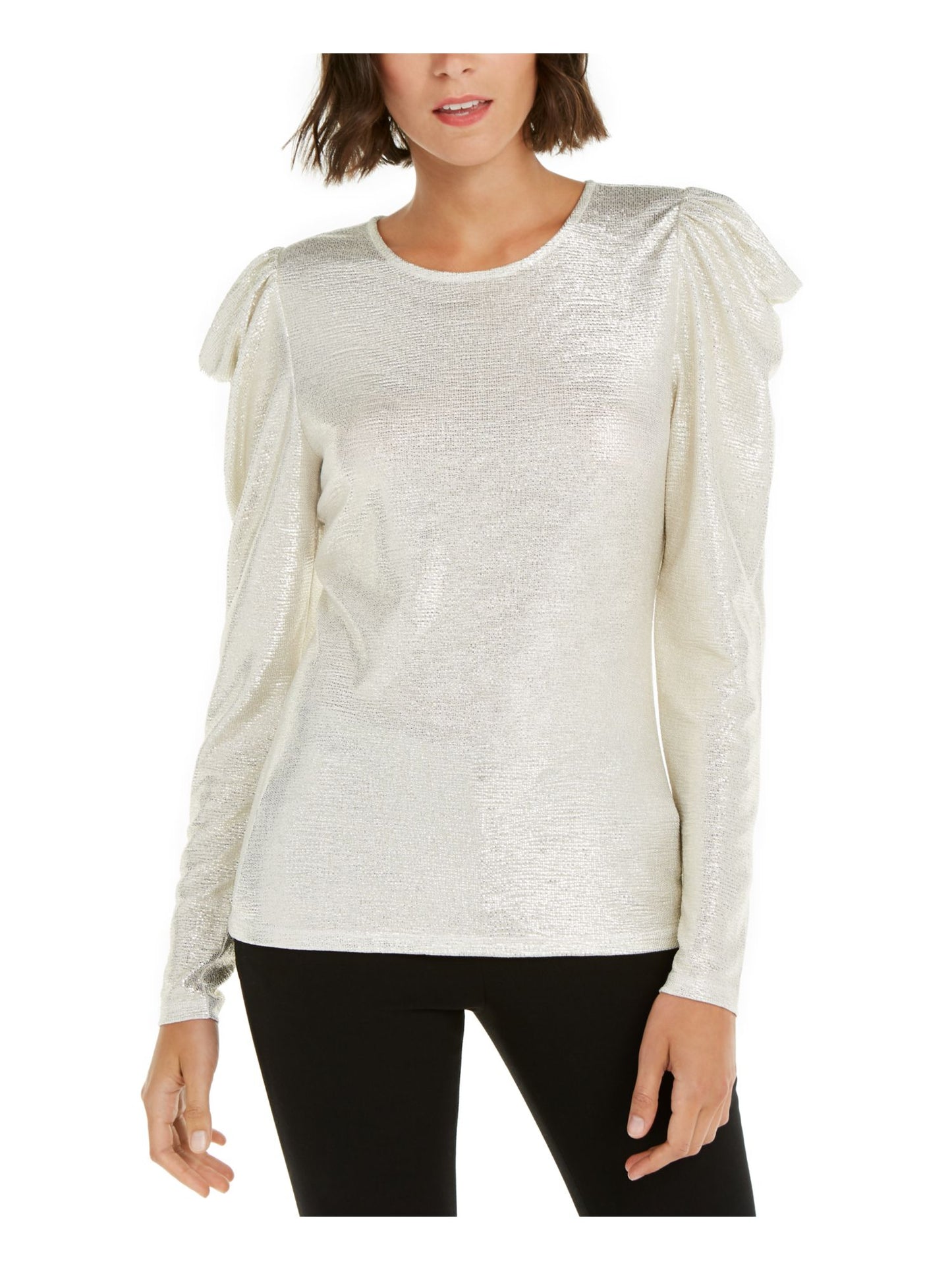 INC Women's Puff Sleeve Shine Party Top Gold Size  L
