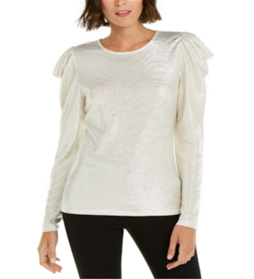 INC Women's Puff Sleeve Shine Party Top Gold Size  L