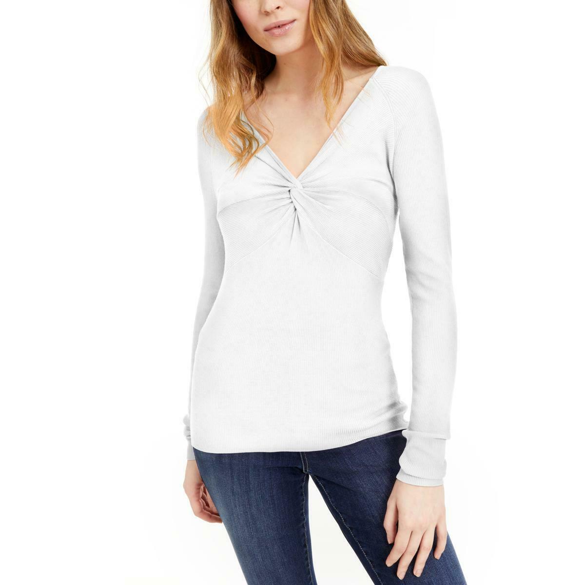 INC International Concepts Women's Ribbed Twist Front Sweater Top White Size Small