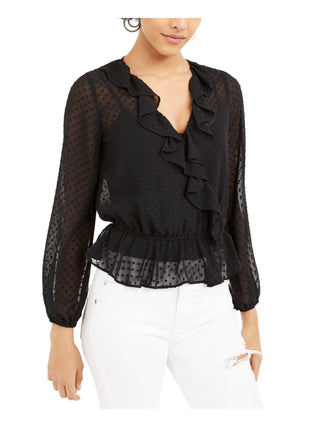 Bar III Women's Swiss Dot Sheer Surplice Top Black Size Small