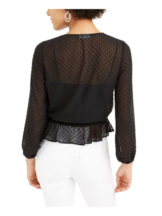 Bar III Women's Swiss Dot Sheer Surplice Top Black Size Small