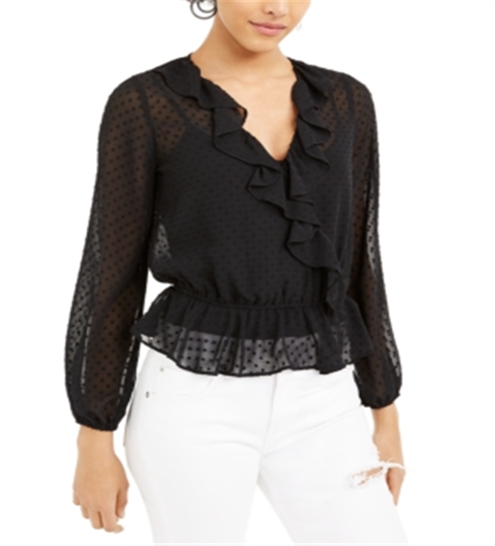 Bar III Women's Swiss Dot Sheer Surplice Top Black Size Small