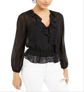 Bar III Women's Swiss Dot Sheer Surplice Top Black Size Small