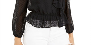 Bar III Women's Swiss Dot Sheer Surplice Top Black Size Small