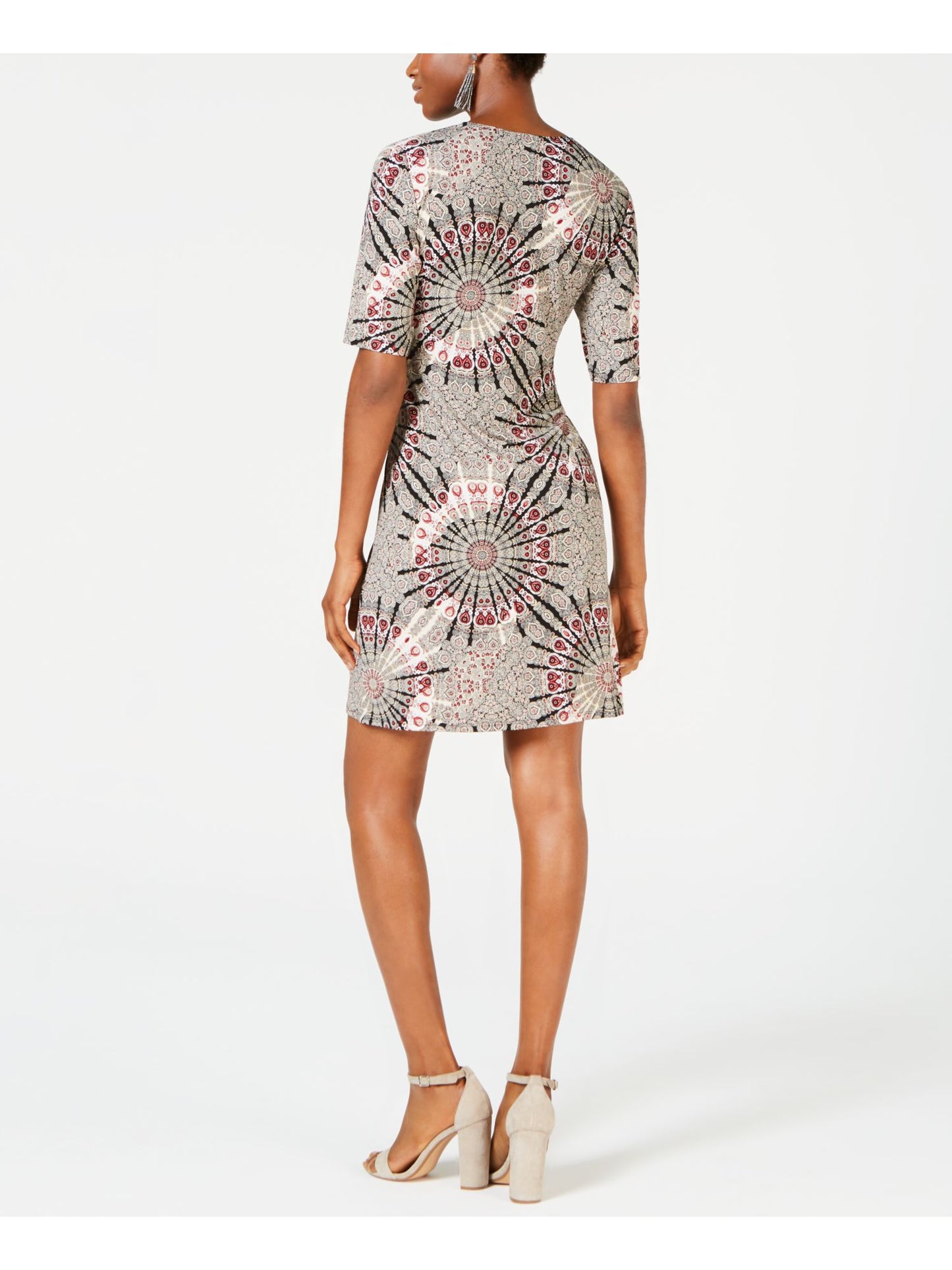 Connected Women's Elbow Sleeve Printed Surplice Neckline Above the Knee Faux Wrap Dress Black Size 6 Petite