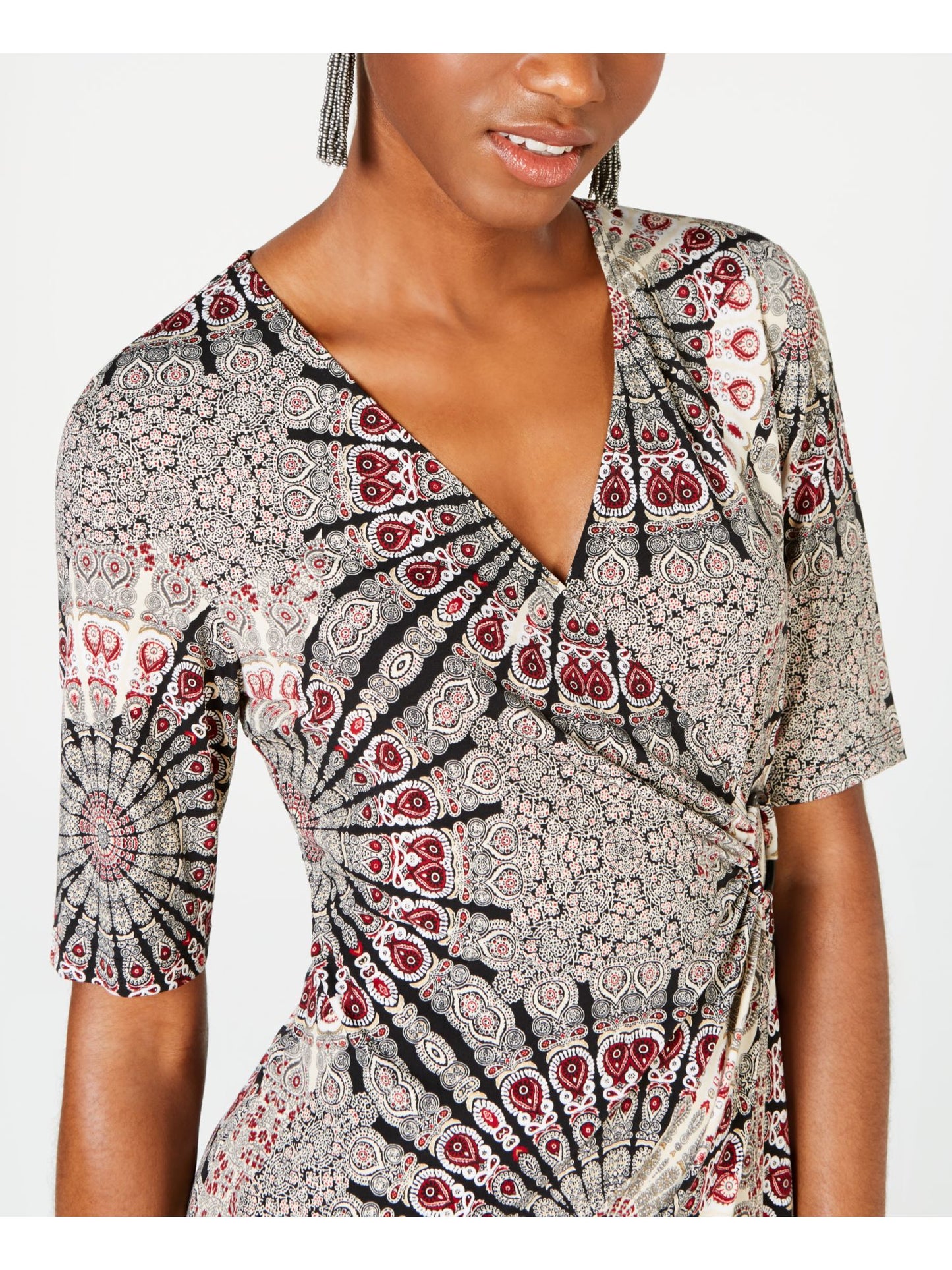 Connected Women's Elbow Sleeve Printed Surplice Neckline Above the Knee Faux Wrap Dress Black Size 6 Petite