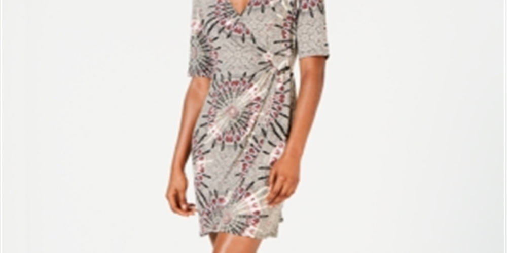Connected Women's Elbow Sleeve Printed Surplice Neckline Above the Knee Faux Wrap Dress Black Size 6 Petite