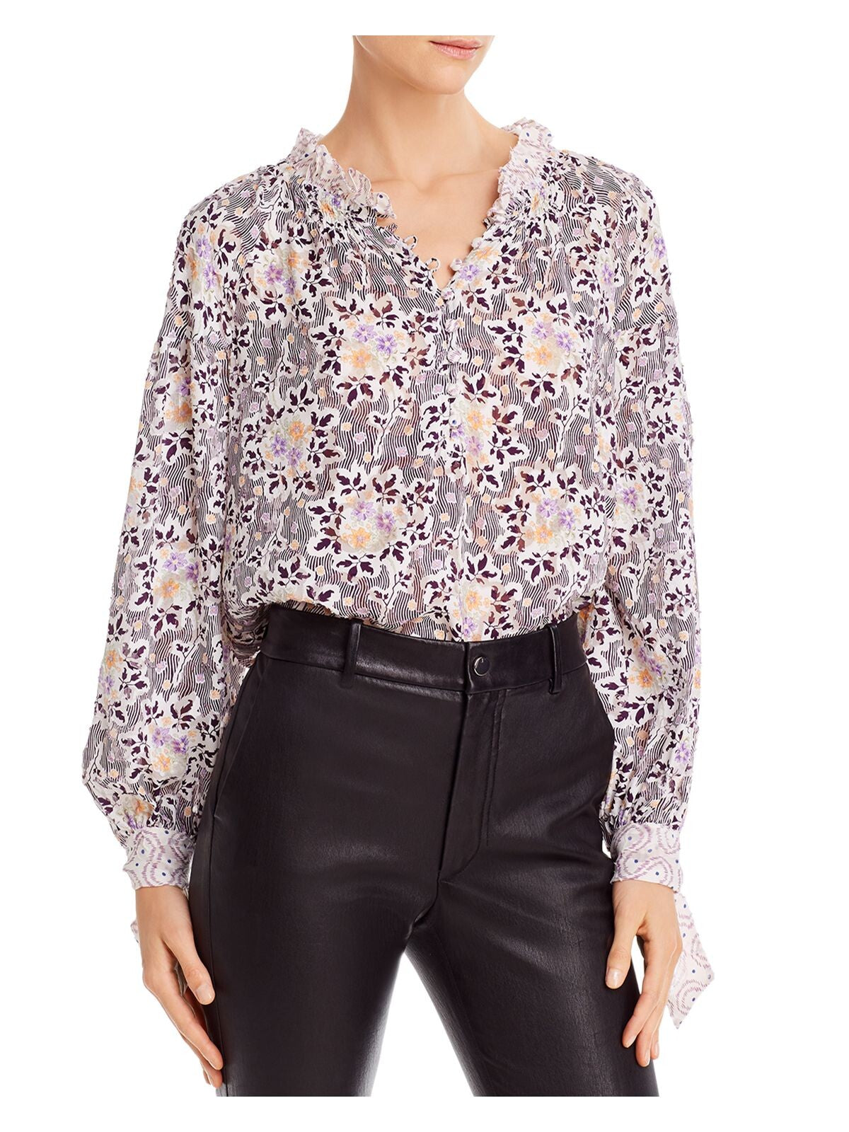 Rebecca Taylor Womens Purple Textured Floral Long Sleeve Mandarin Collar Wear to Work Blouse 10
