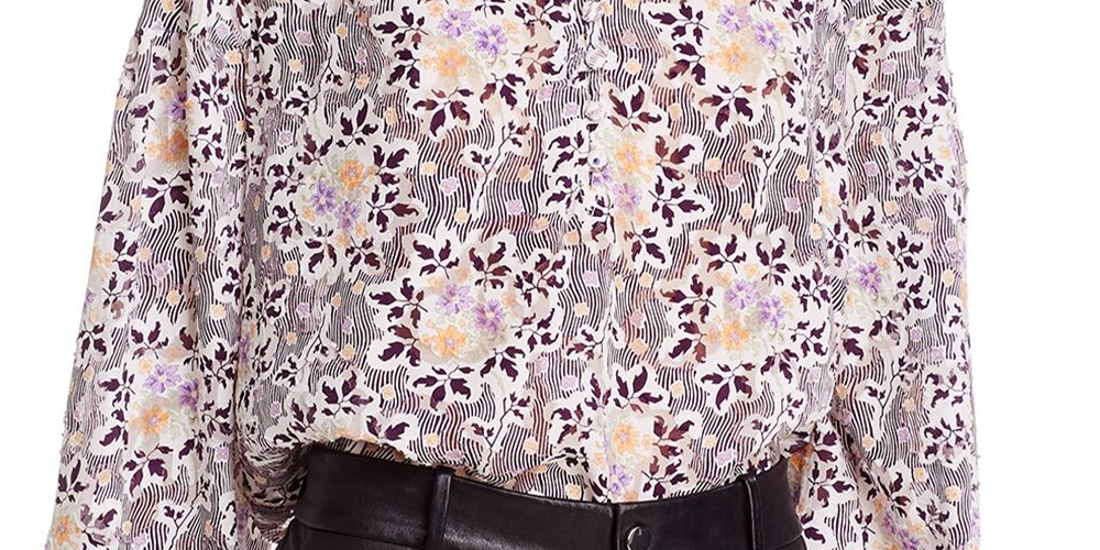Rebecca Taylor Womens Purple Textured Floral Long Sleeve Mandarin Collar Wear to Work Blouse 10