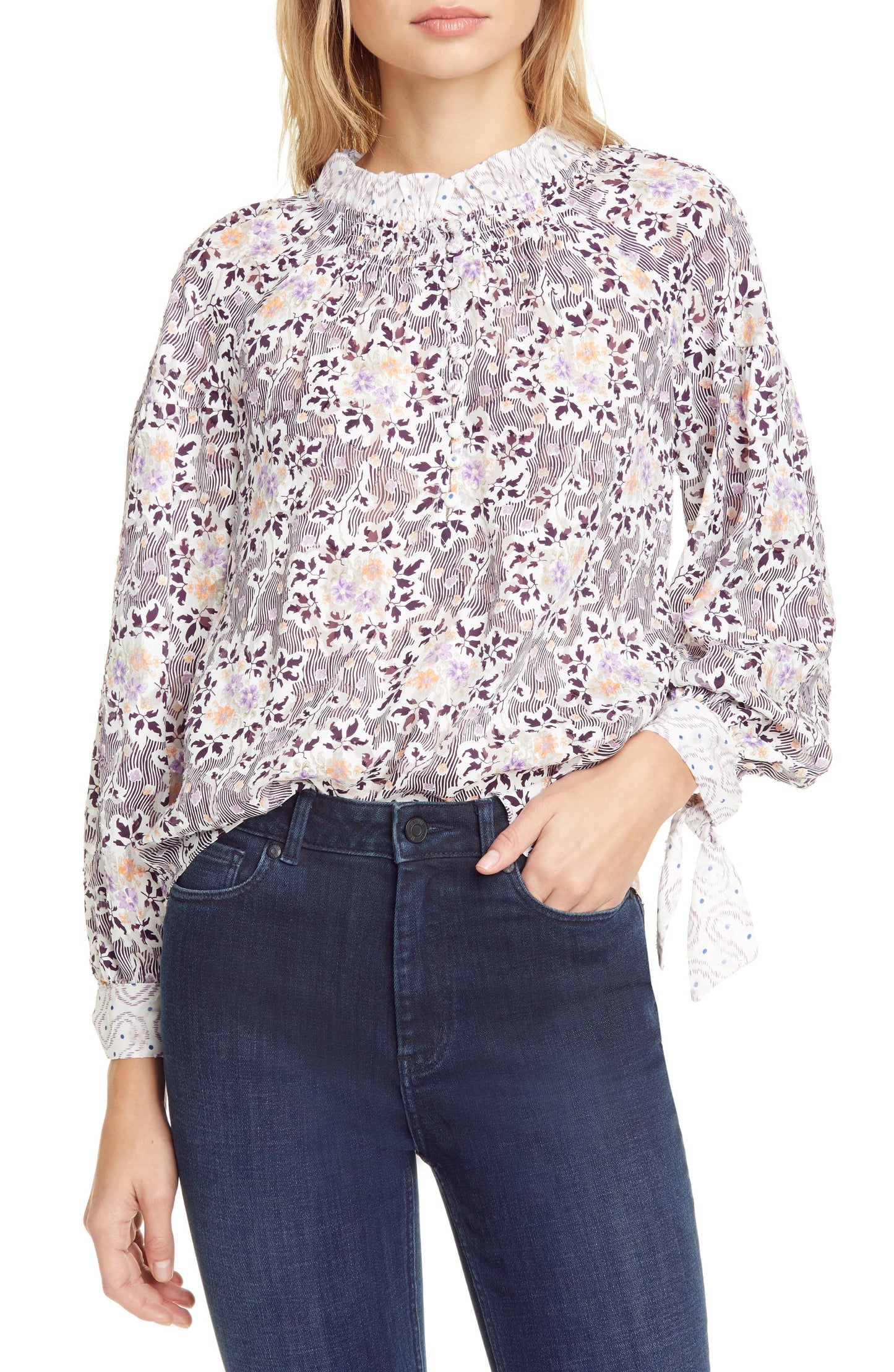 Rebecca Taylor Womens Purple Textured Floral Long Sleeve Mandarin Collar Wear to Work Blouse 10