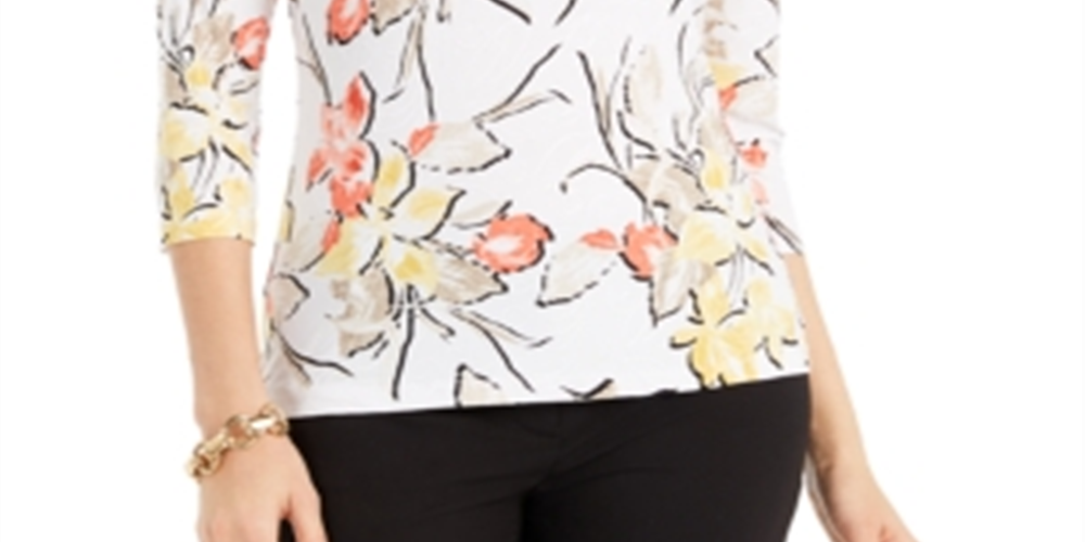 JM Collection Women's Floral Print Scoop Neck Jacquard Top White Size Small