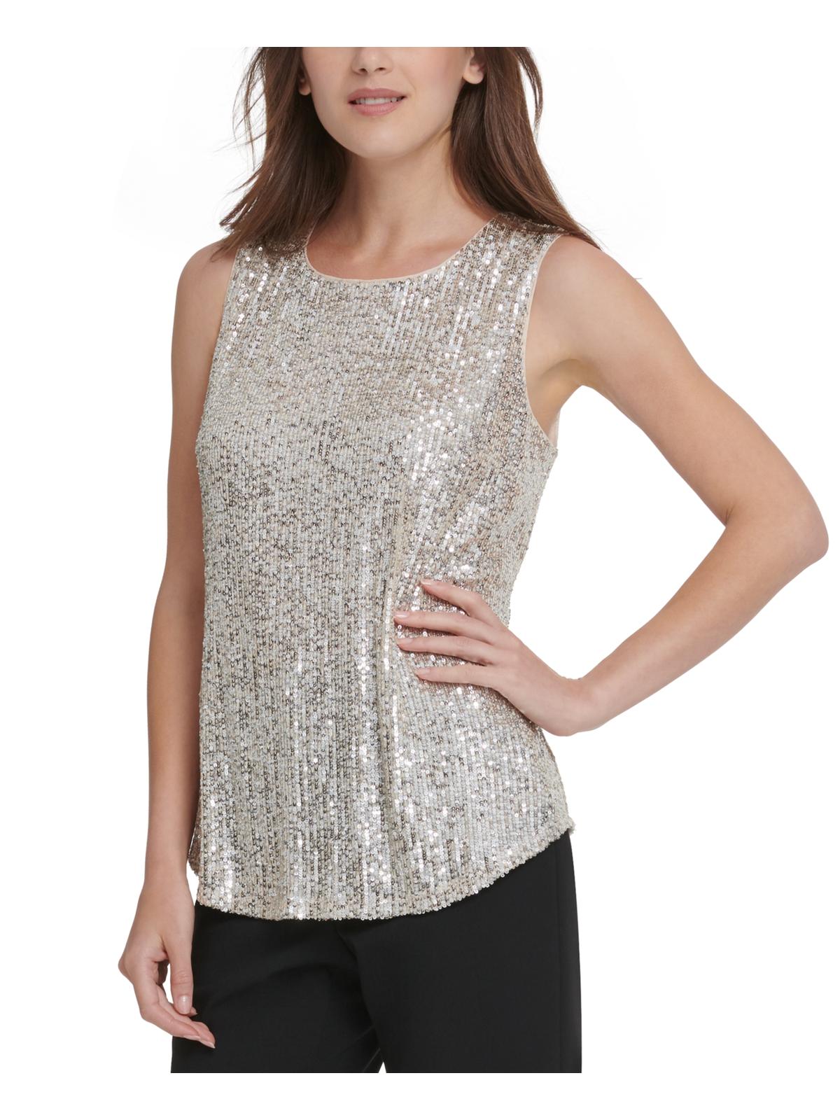 DKNY Women's Mesh Sequined Tank Top Tan Size Medium