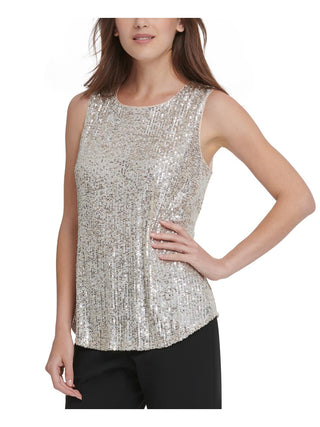 DKNY Women's Mesh Sequined Tank Top Tan Size Medium