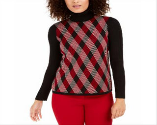 Anne Klein Women's Argyle Long Sleeve Turtle Neck Sweater Black Size Large