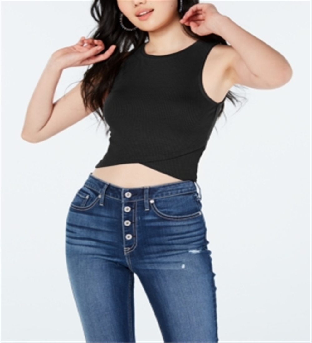 Polly & Esther Juniors' Rib-Knit Cropped Tulip-Hem Tank Top Black Size S