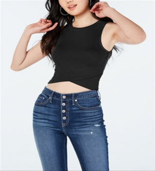 Polly & Esther Juniors' Rib-Knit Cropped Tulip-Hem Tank Top Black Size S