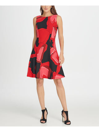 DKNY Women's Zippered Printed Sleeveless Jewel Neck Above the Knee Fit Flare Cocktail Dress Black Size 2