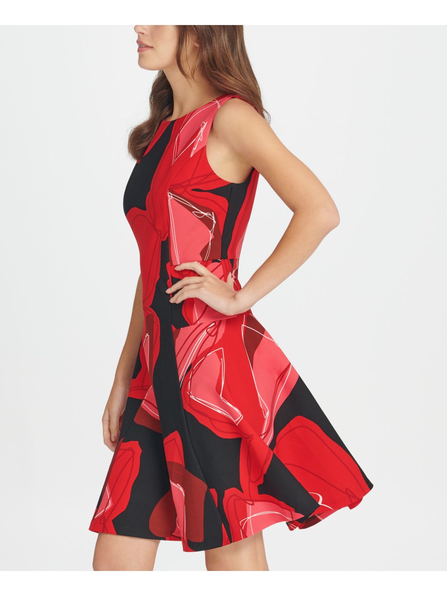 DKNY Women's Zippered Printed Sleeveless Jewel Neck Above the Knee Fit Flare Cocktail Dress Black Size 2