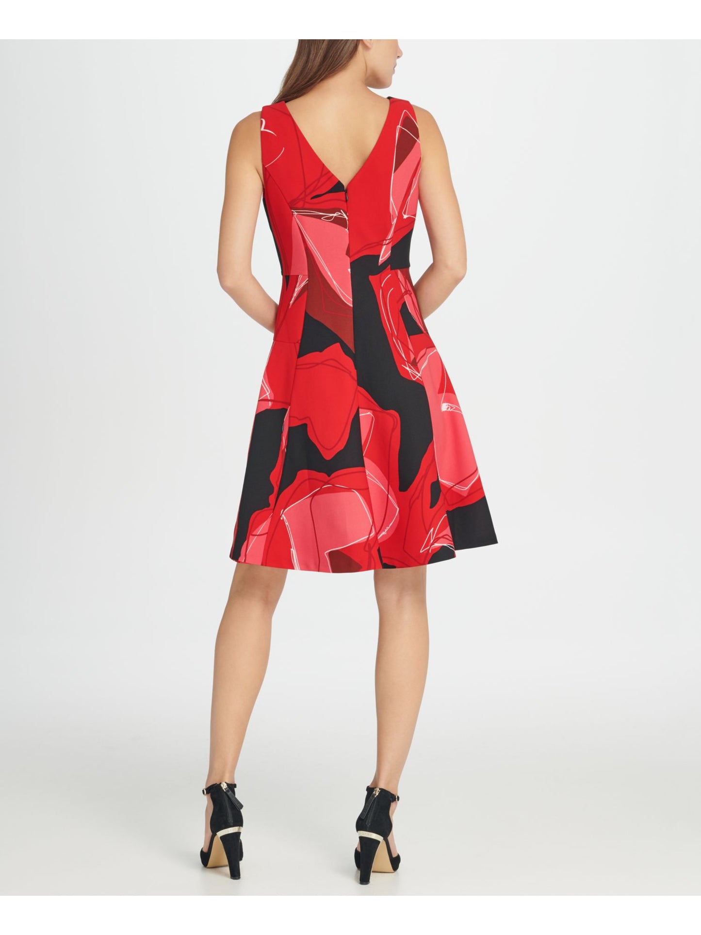 DKNY Women's Zippered Printed Sleeveless Jewel Neck Above the Knee Fit Flare Cocktail Dress Black Size 2