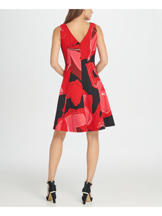 DKNY Women's Zippered Printed Sleeveless Jewel Neck Above the Knee Fit Flare Cocktail Dress Black Size 2